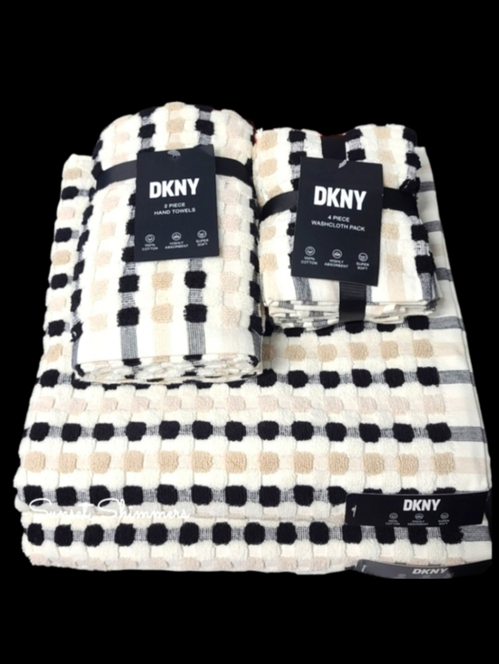DKNY 8Pc 2 Bath 2 Hand 4 Washcloth TAN BLACK WHITE Gingham Check Towel Set NEW